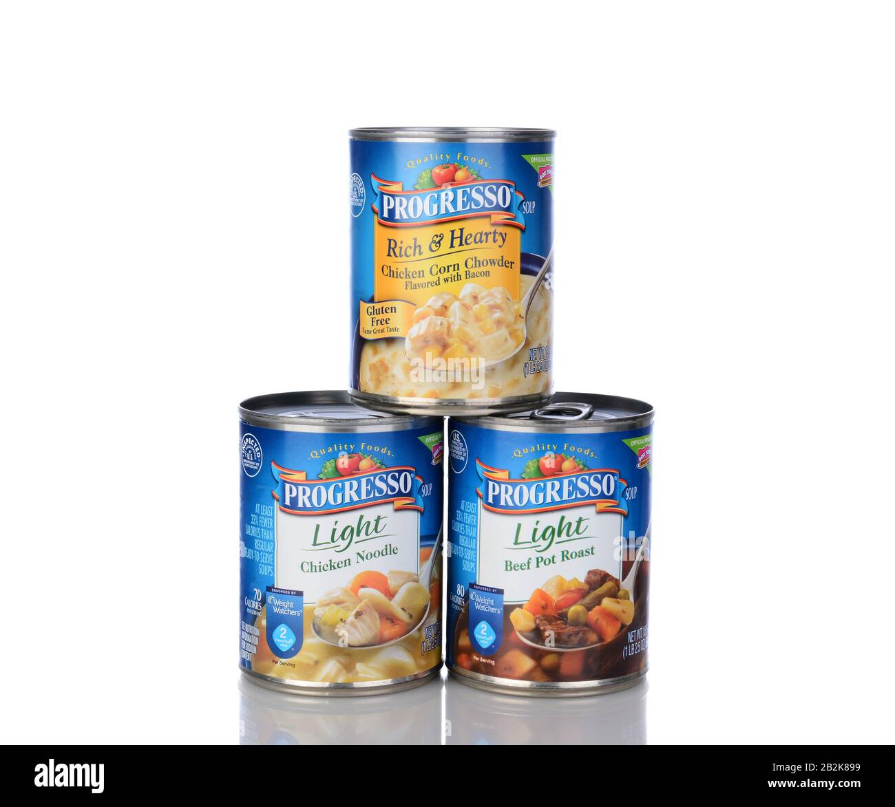IRVINE, CA - January 05, 2014: Three cans of Progresso Soups. Soups include Light Chicken Noodle, Light Beef Pot Roast and Rich & Hearty Chicken Corn Stock Photo