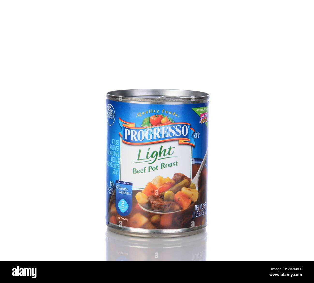 IRVINE, CA - January 05, 2014: A can of Progresso Light Beef Pot Roast Soup. Progresso, owned by General Mills has been making soups for over 90 years Stock Photo