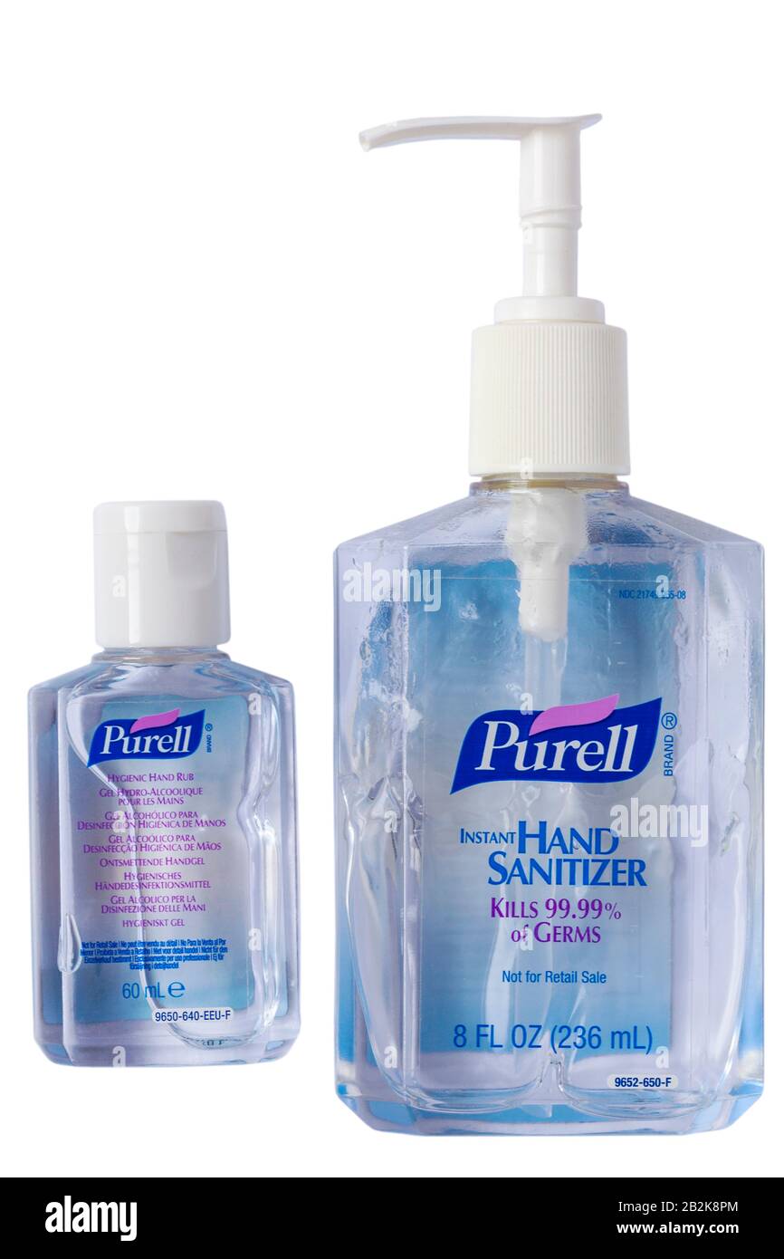 Bottle of Purrell instant Hand Sanitizer kills 99.99% of germs, hand gel and small bottle of Purell hygienic hand rub isolated on white background Stock Photo