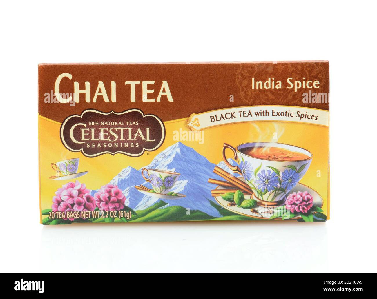 IRVINE, CA - SEPTEMBER 08, 2014: A box of Celestial Seasonings Chai Tea. Based in Boulder, Colorado, specializing in herbal teas (infusions), but also Stock Photo