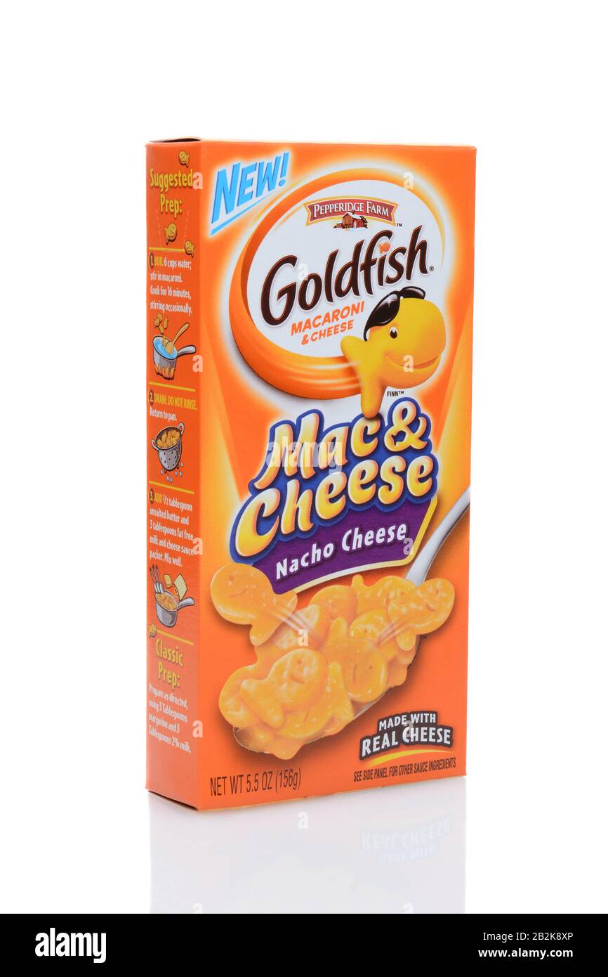 IRVINE, CALIFORNIA - JULY 14, 2014: A box of Goldfish Macaroni & Cheese. From the Pepperidge Farms the boxed meal features the iconic Goldfish shape f Stock Photo