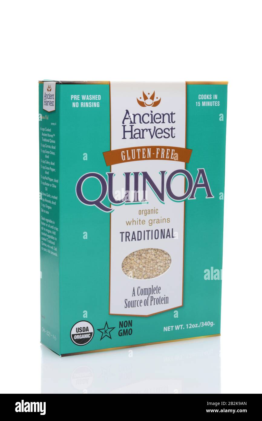 IRVINE, CALIFORNIA - JULY 14, 2014: A box of Ancient Harvest Quinoa. Quinoa is a South American grain known as 'The Mother Grain' to Bolivians and is Stock Photo