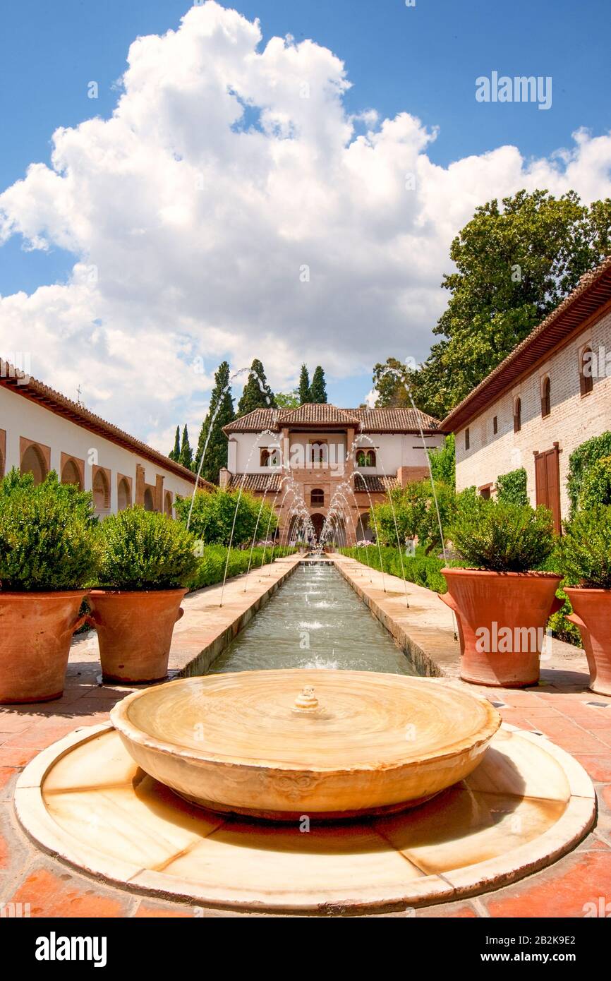 Interior Garden Of Alhambra Fortress In Granada South Of Spain Stock Photo