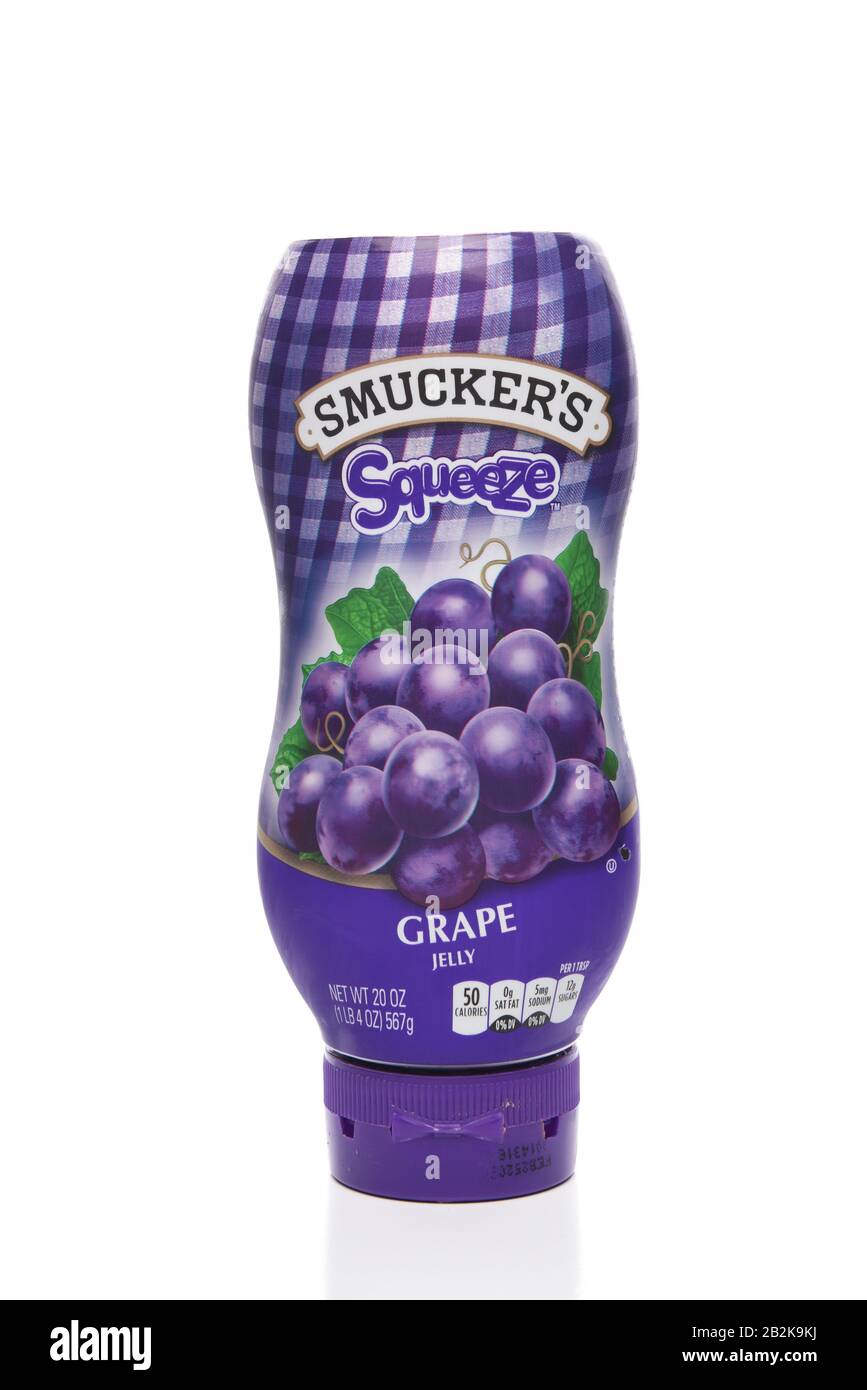IRVINE, CALIFORNIA - JUNE 28, 2019: A 20 ounce plastic squeeze bottle of Smuckers Grape Jelly. Stock Photo