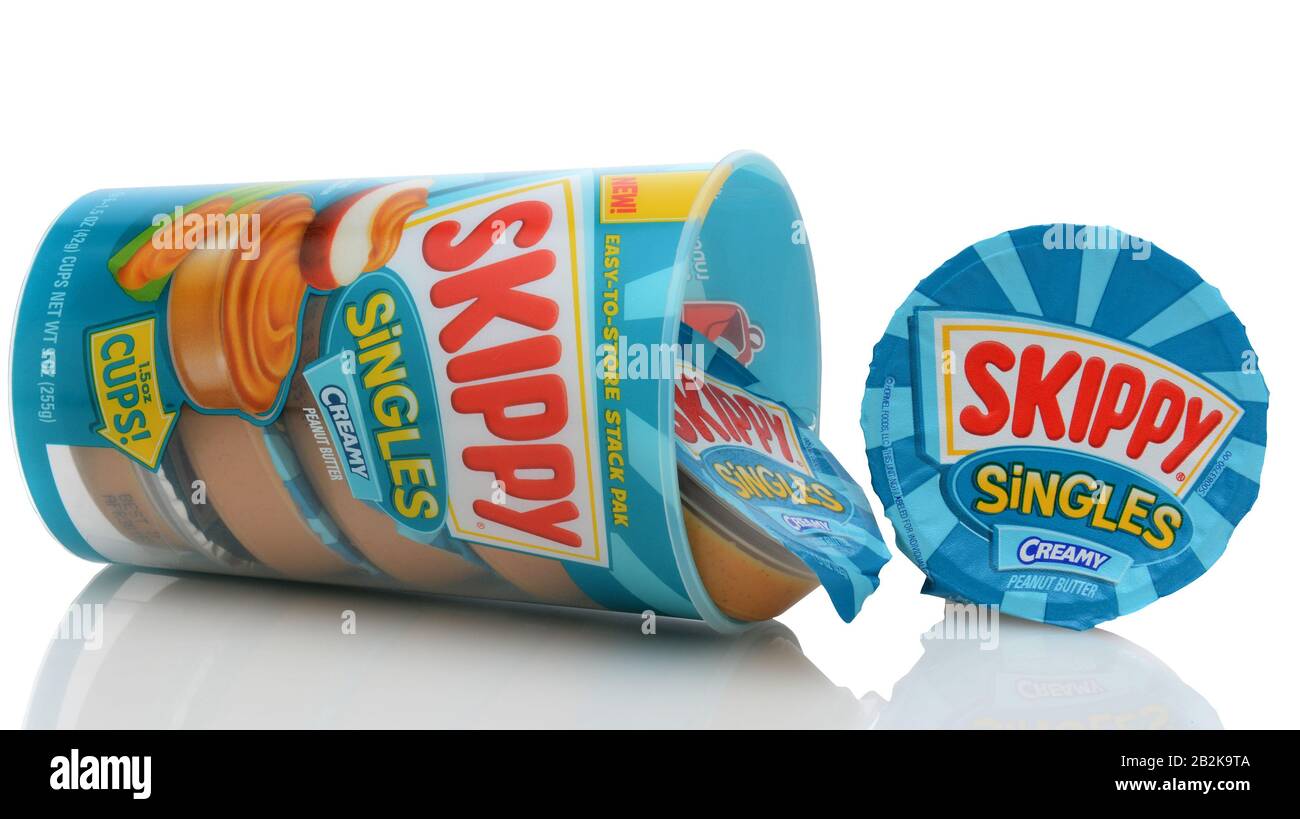IRVINE, CA - SEPTEMBER 12, 2014: Skippy Peanut Butter Singles container on its side. Skippy, introduced in 1933 is the 2nd largest peanut brand in the Stock Photo