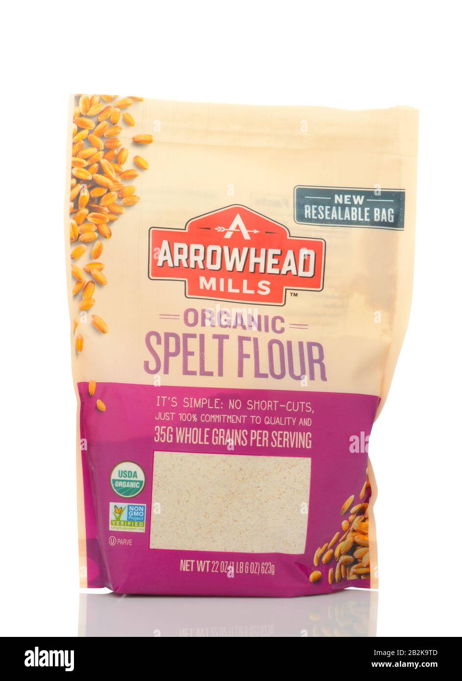 IRVINE, CALIFORNIA - MAY 22, 2019:  A bag of Arrowhead Mills Organic Spelt Flour. Stock Photo