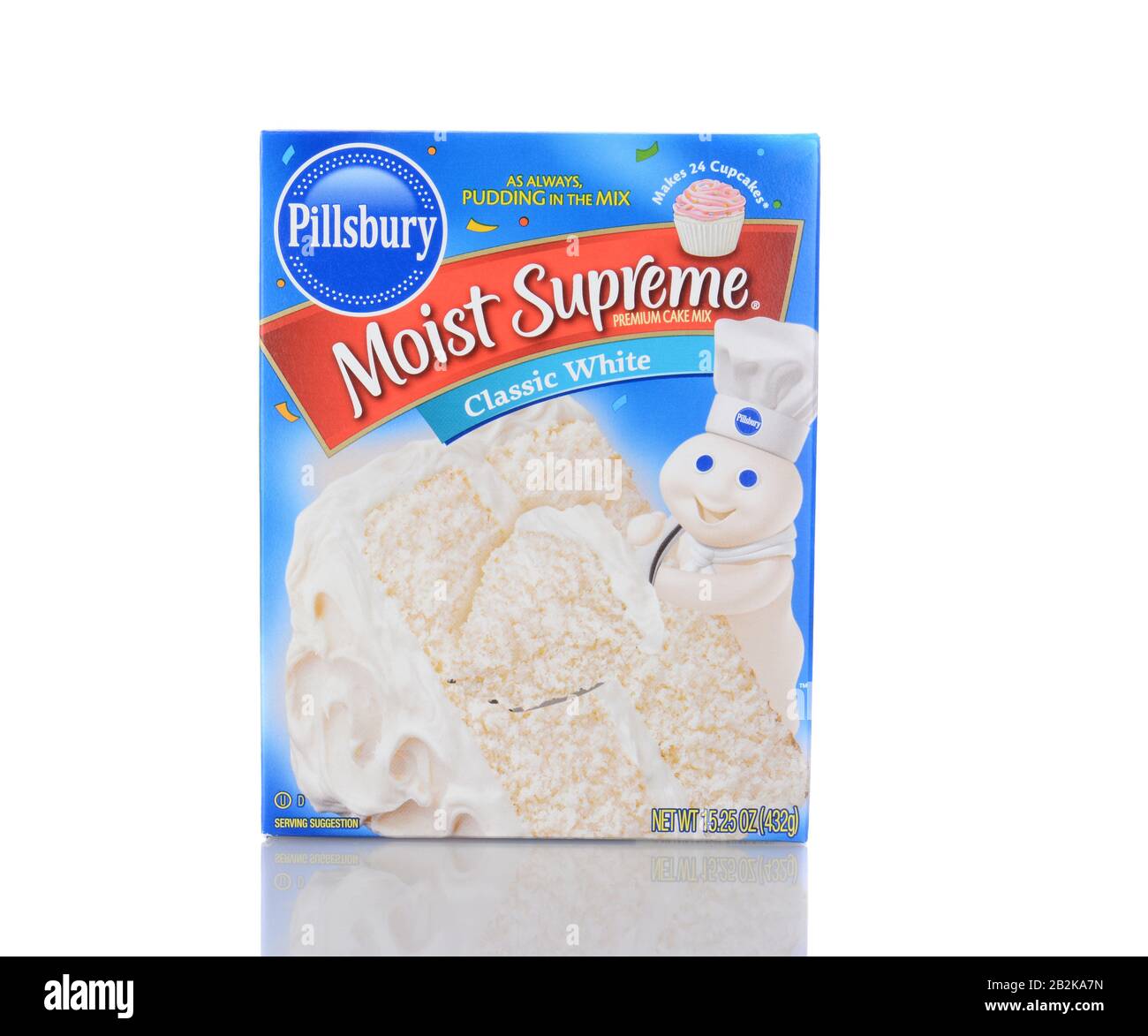 IRVINE, CA - January 05, 2014: Pillsbury Moist Supreme Classic White Cake Mix. Pillsbury founded in 1872 by Charles Alfred Pillsbury, is now owned by Stock Photo