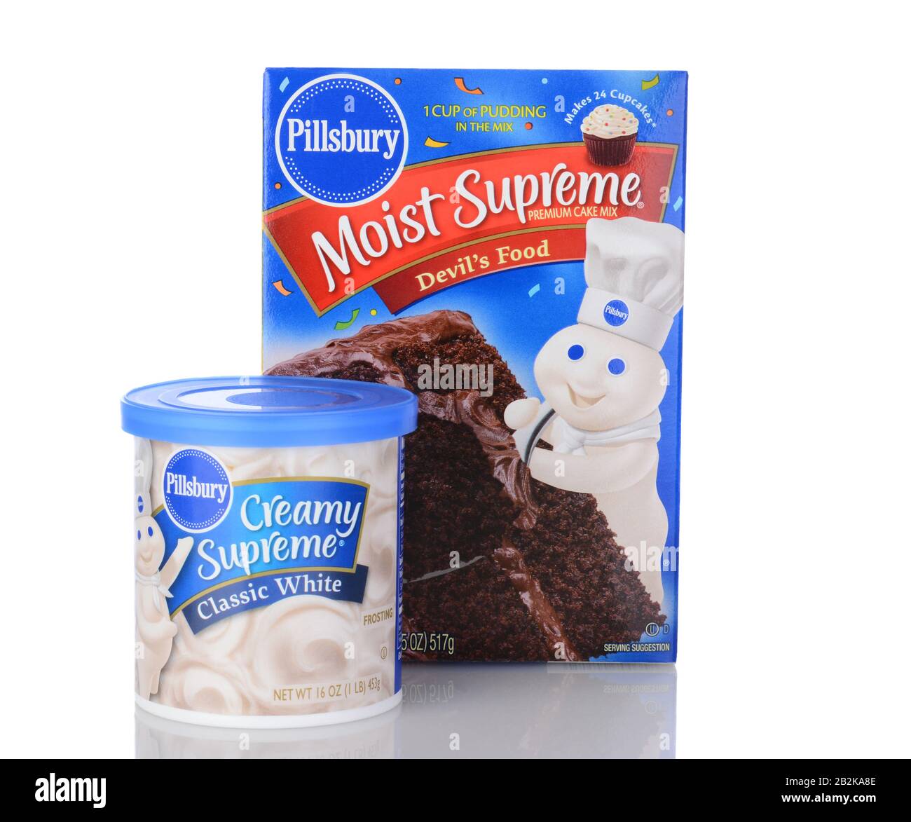 IRVINE, CA - January 05, 2014: Pillsbury Moist Supreme Devils Food Cake Mix and White Frosting. Pillsbury founded in 1872 by Charles Alfred Pillsbury, Stock Photo