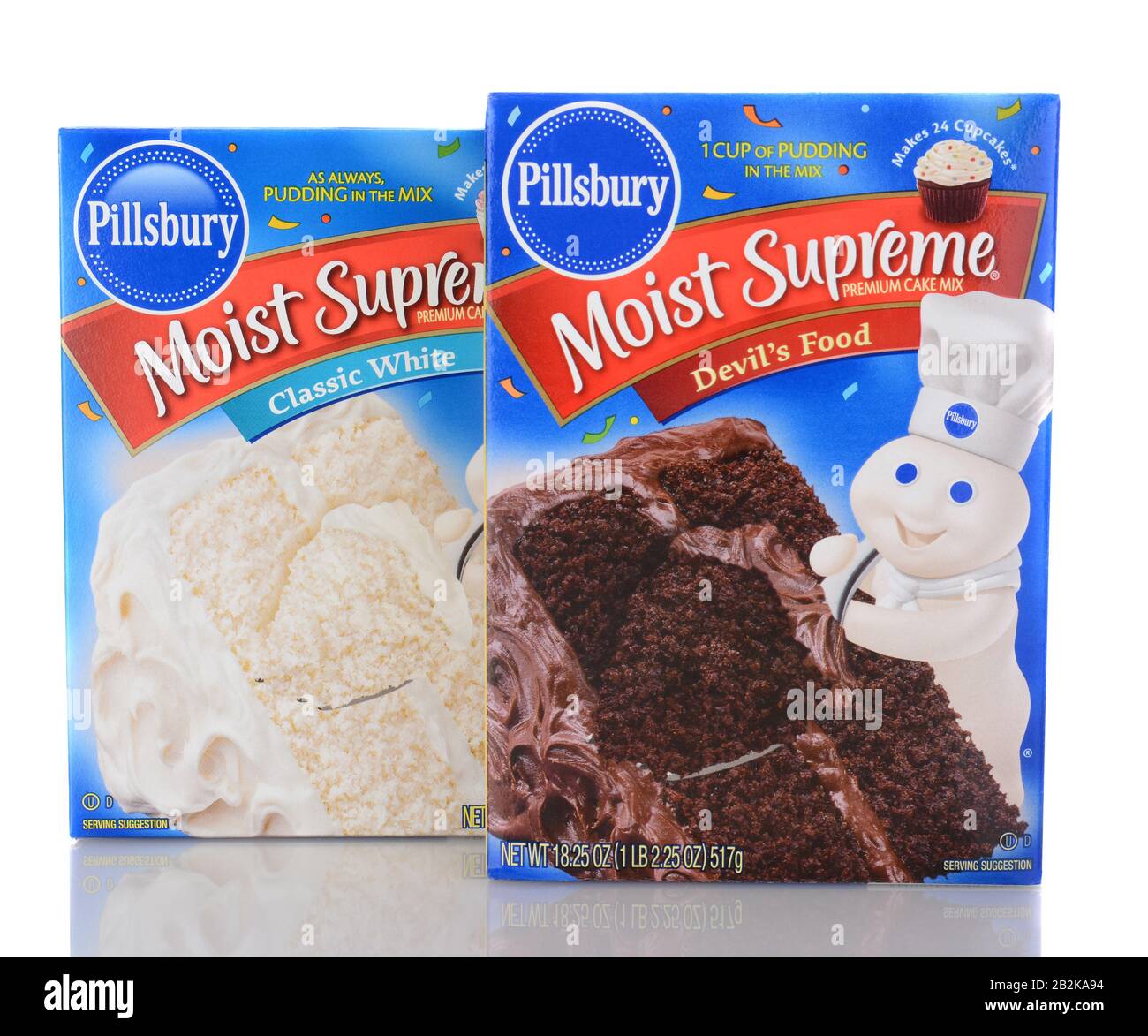 IRVINE, CA - January 05, 2014: Two Boxes of Pillsbury Moist Supreme Cake Mix. One box of White Cake Mix and a box of Devils Food. Stock Photo