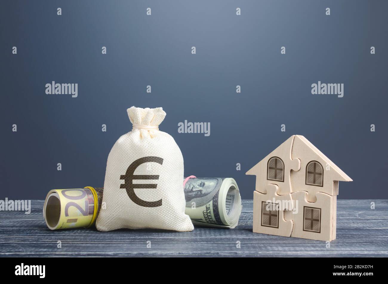 Euro money bag and puzzle house. Housing cooperative membership. State