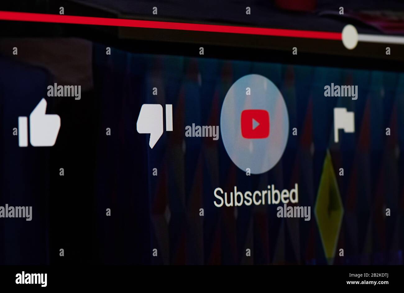 New-York , USA - March 3, 2020: Subscription on youtube video on tv screen close up view Stock Photo