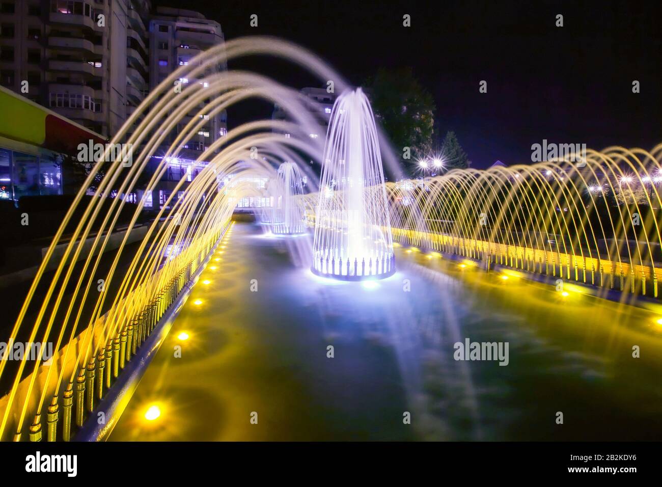 Night View Of A Very Beautiful Illuminated Fountain In Ploiesti Romania Stock Photo