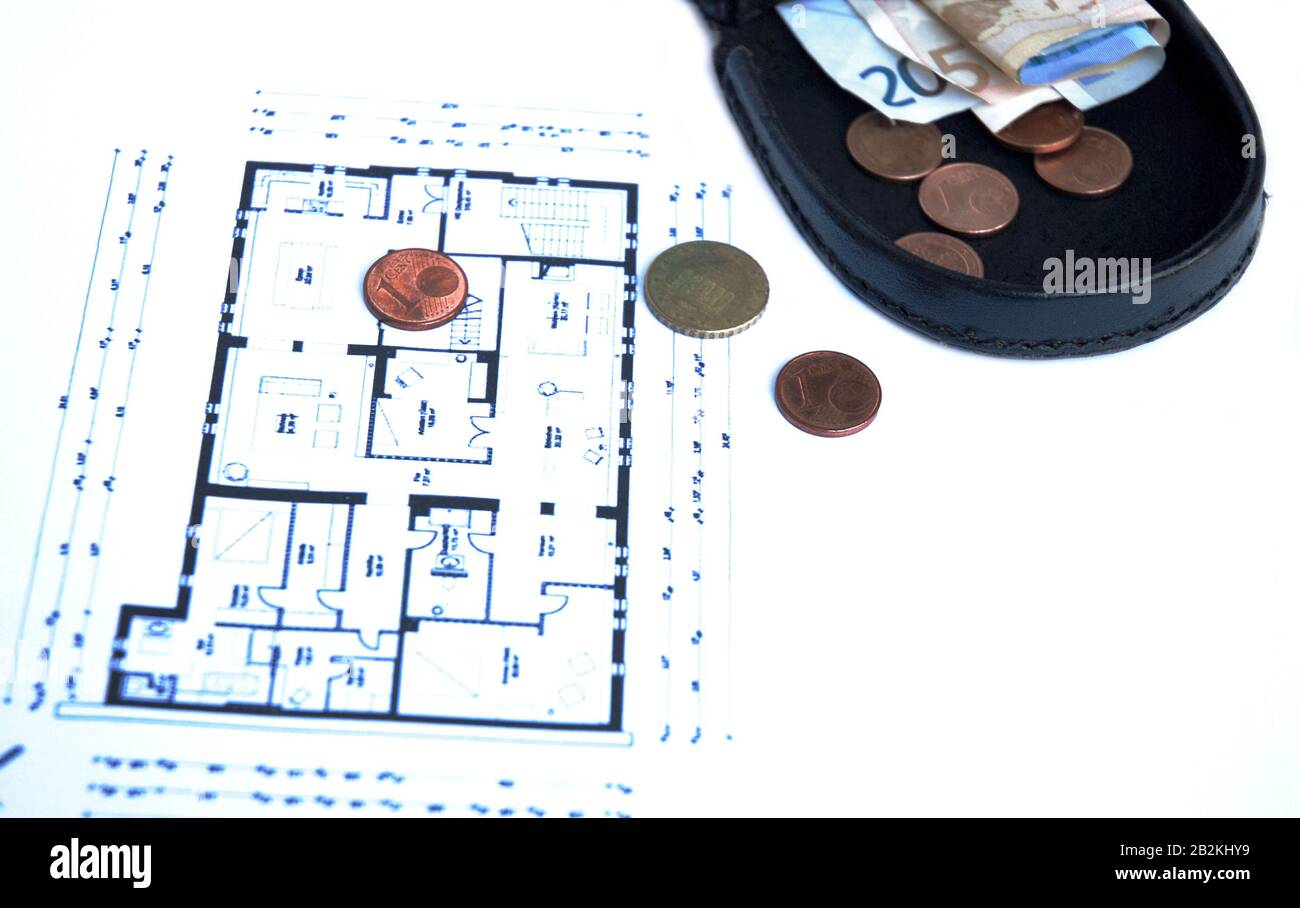 blueprint of a estate or living flat with a wallet of euro cash Stock Photo