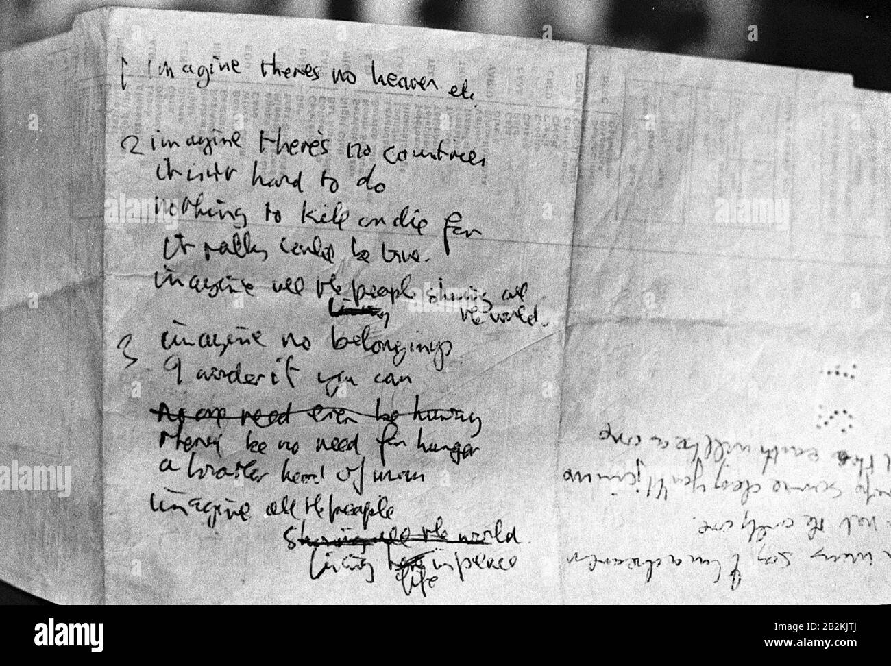 A Majorca hotel billed 20/04/1971 with, on the reverse, John Lennon's original handwritten lyrics of 'Imagine', which was included in a sale of rock and roll memorabilia 1956-1983 at Sotheby's salesroom in New Bond Street, London. It was expected to fetch between £5,000 and £10,000. Stock Photo