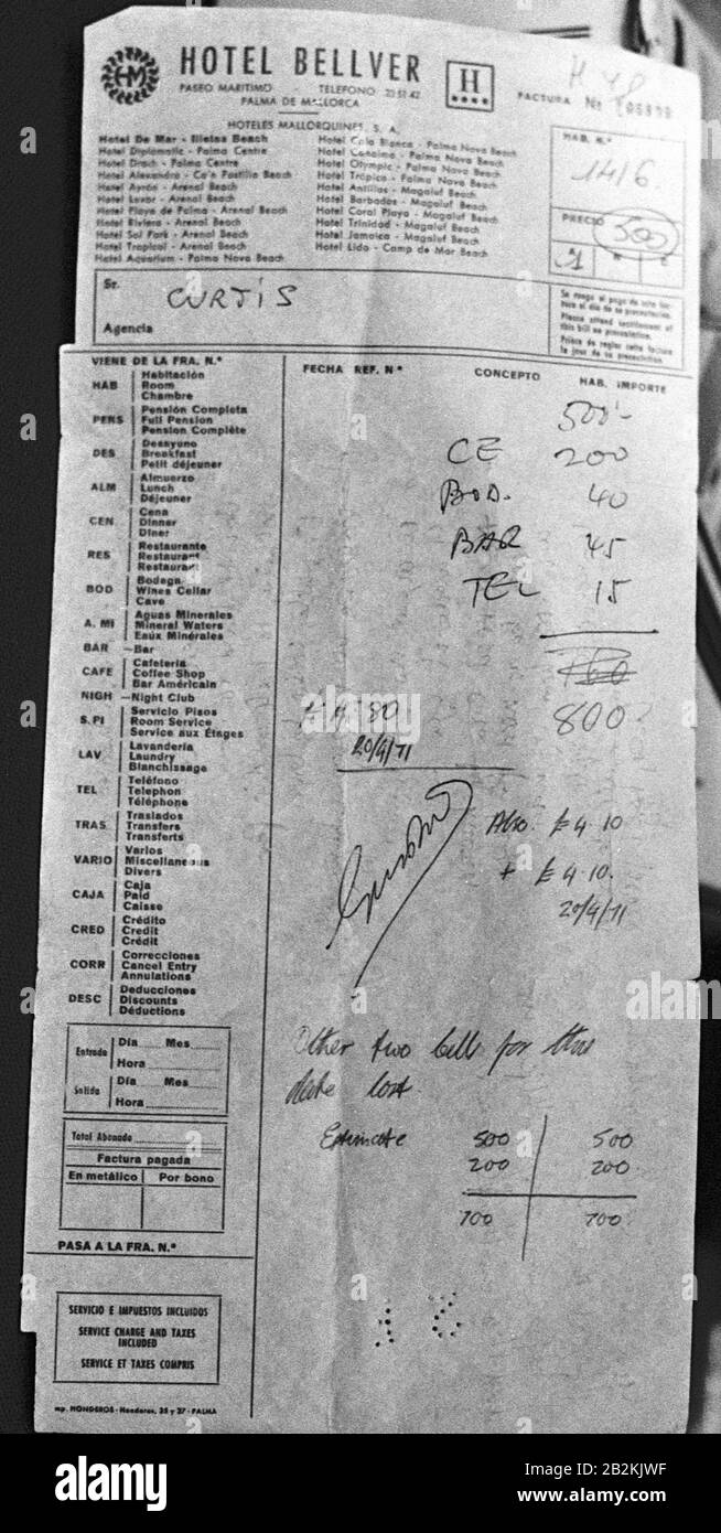 A Majorca hotel billed 20/04/1971 with, on the reverse, John Lennon's original handwritten lyrics of 'Imagine', which was included in a sale of rock and roll memorabilia 1956-1983 at Sotheby's salesroom in New Bond Street, London. Stock Photo
