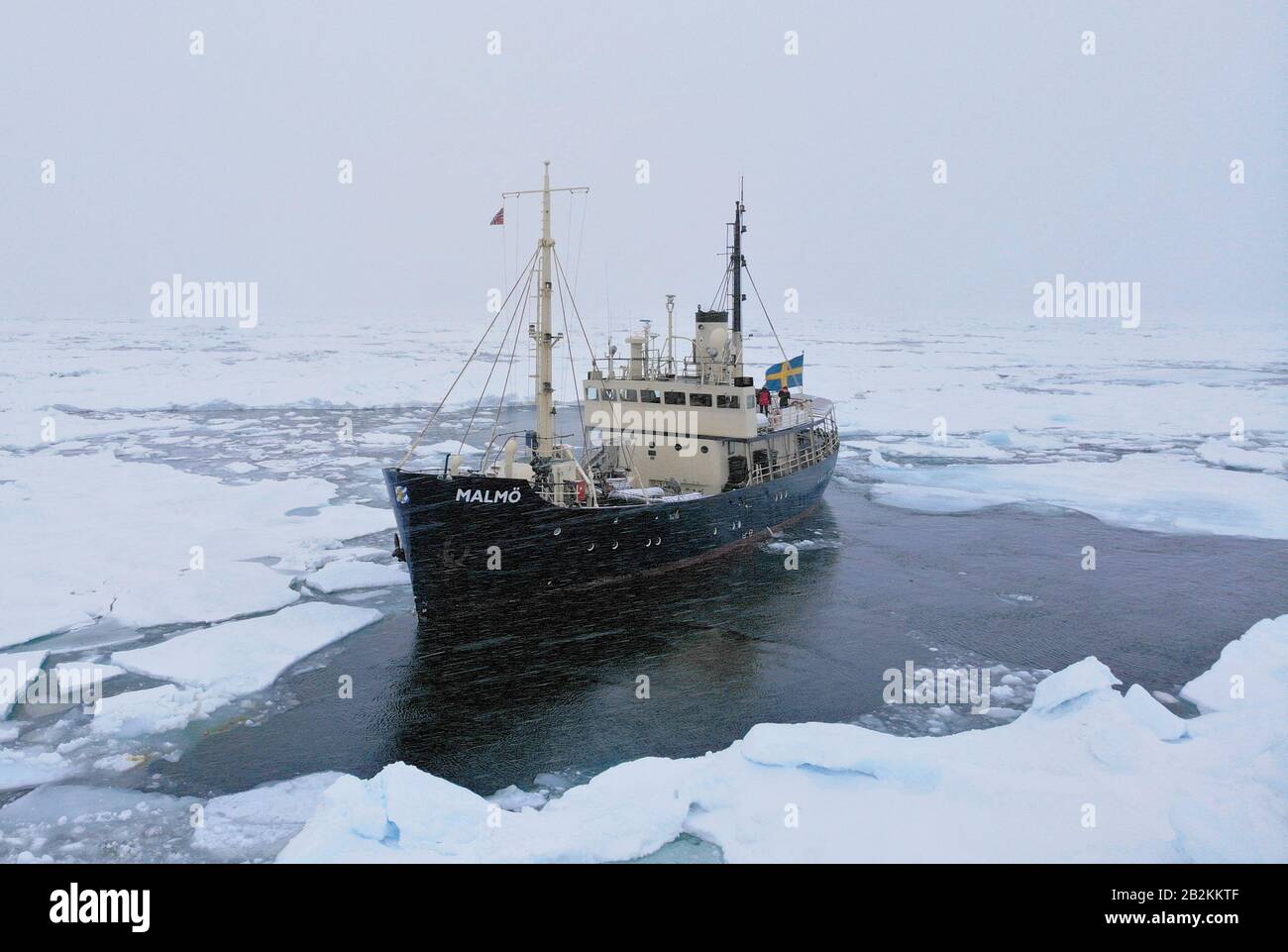 Swedish boat stuck in the ice in Svalbard, Norway Stock Photo