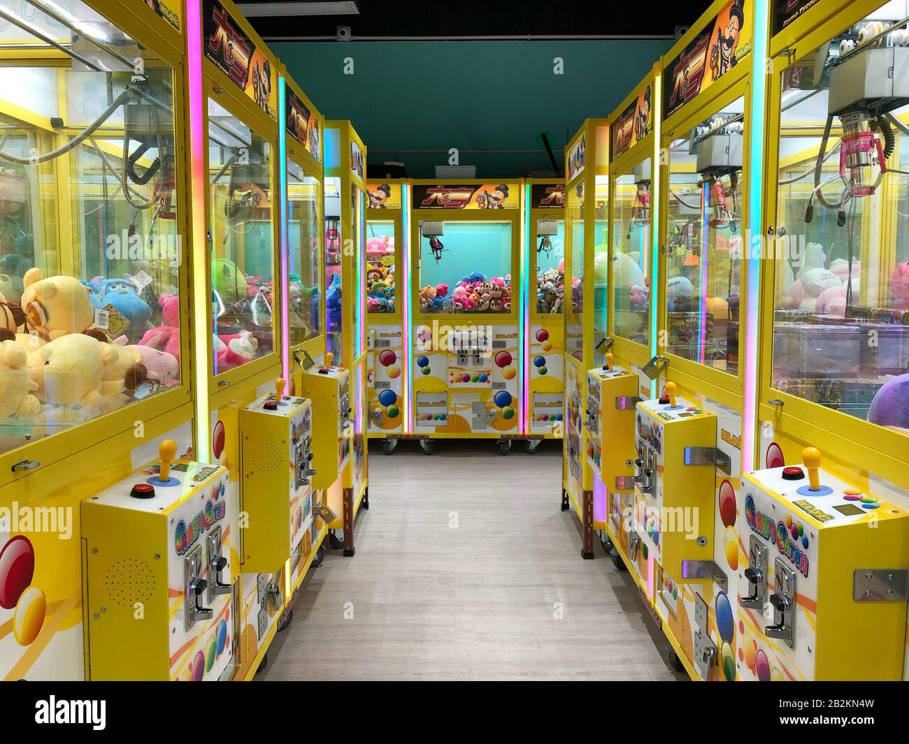 Hong Kong, November, 2019 Soft toys, animals in claw vending machine