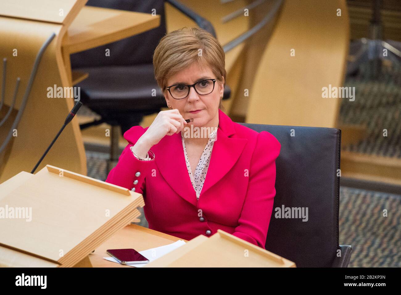 Edinburgh, UK. 3rd Mar, 2020. Pictured: Nicola Sturgeon MSP - First Minister of Scotland and Leader of the Scottish National Party (SNP). Ministerial Statement from Health Minister, Jeane Freeman MSP on the state of Coronovirus and Scotland's readiness to to mitigate the spread of the virus across Scotland. Scenes from the Scottish Parliament in Holyrood, Edinburgh. Credit: Colin Fisher/Alamy Live News Stock Photo