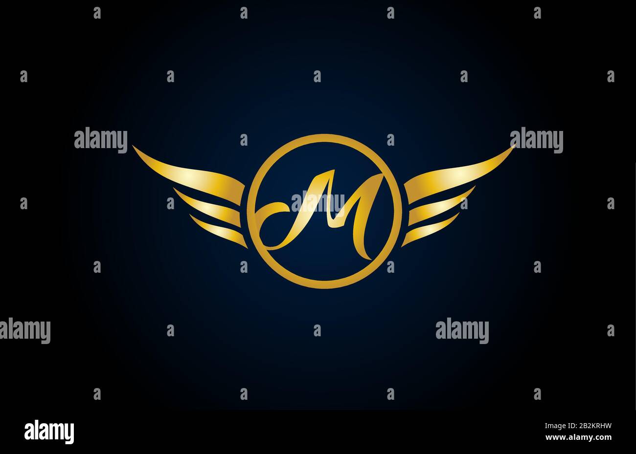 gold golden M wing wings alphabet letter logo icon with classy ...