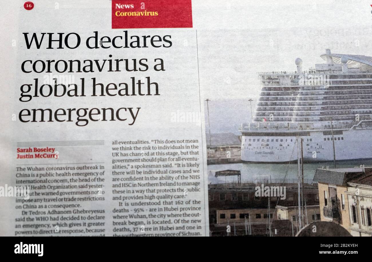 'WHO declares coronavirus a global health emergency' on 30 January 2020 in Guardian newspaper article inside page Stock Photo