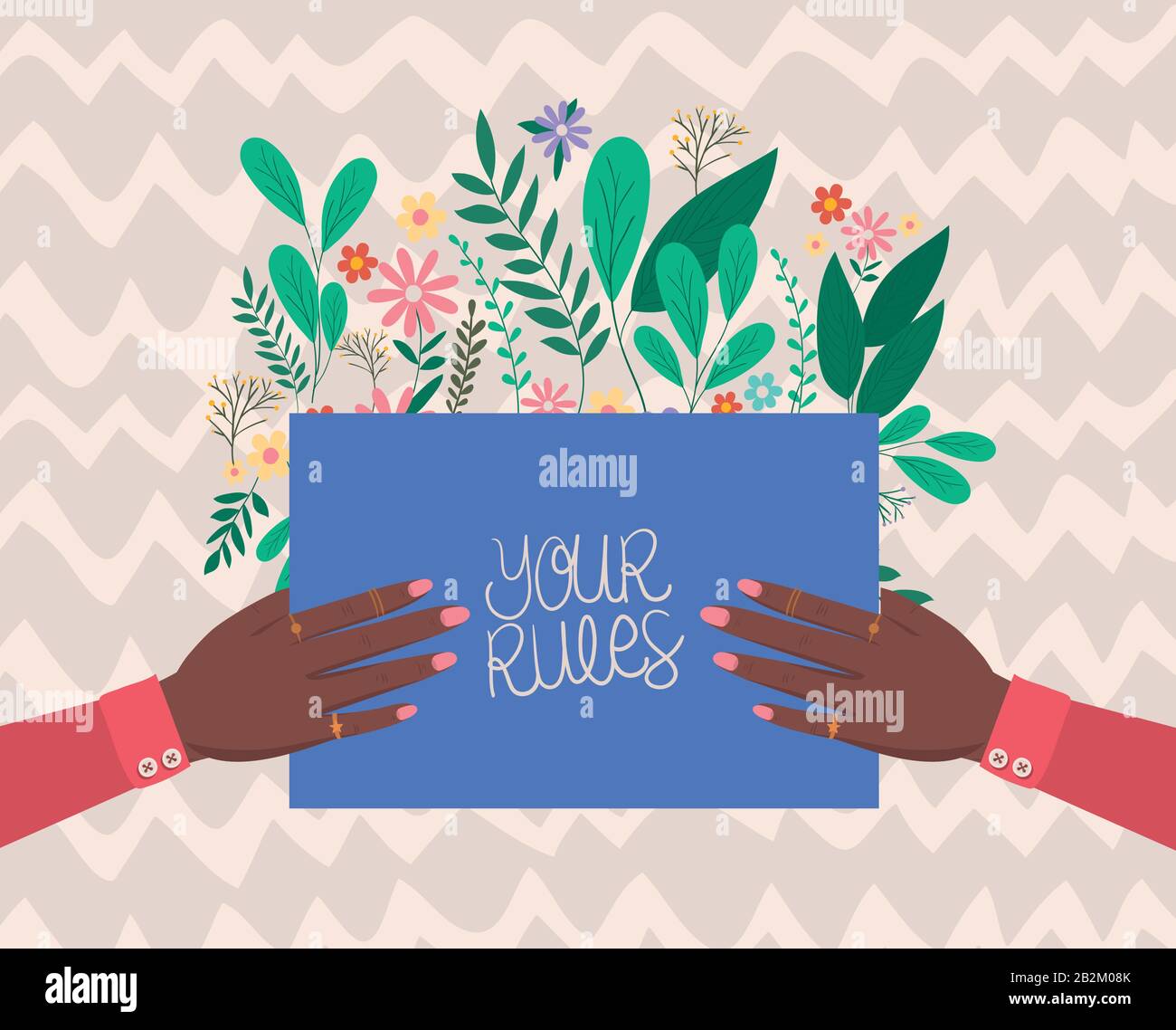 female hands holding your rules banner with leaves and flowers vector