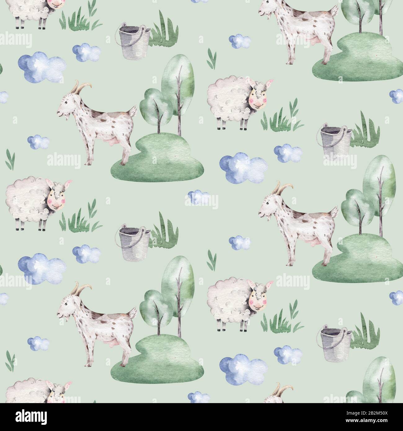 watercolor seamless pattern with cute farm animals with goat, horse ...