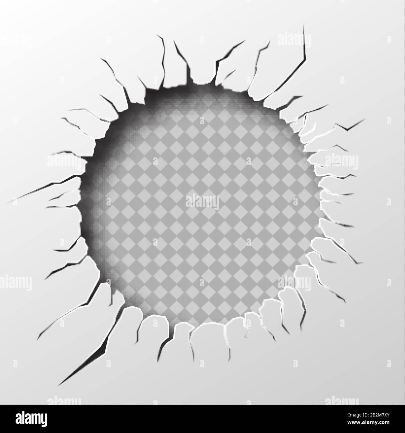 Round hole with cracks, transparent background. Stock Vector