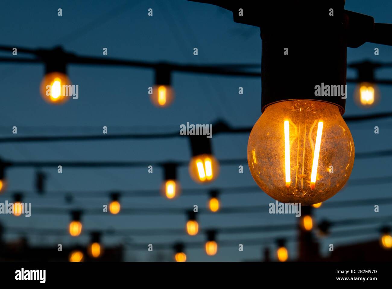 Light bulbs on the evening blue sky. Stock Photo