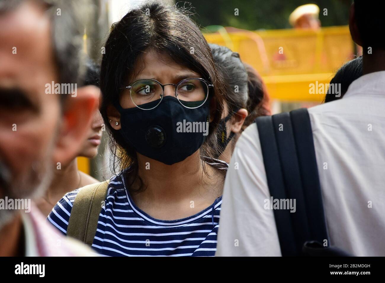 Delhi, India. 03rd Mar, 2020. A woman wearing a mask as a preventive measure against the corona virus threat after one positive case was detected in Delhi. Credit: SOPA Images Limited/Alamy Live News Stock Photo