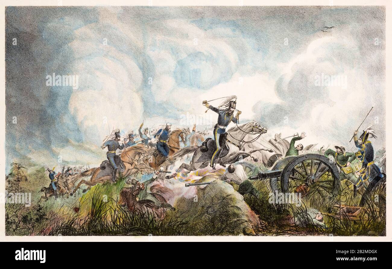 The Cavalry Charge of Captain May of the 2nd Dragoons at the Battle of Resaca de la Palma, 9th May 1846, during the, Mexican-American War (1846-1848), print circa 1846 Stock Photo