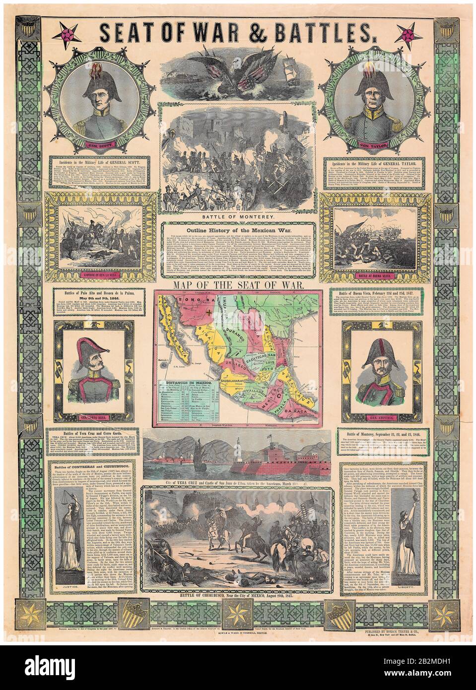 Mexican-American War (1846-1848): Map of the Seat of War and Key Battles, infographic poster by Rufus Blanchard, 1847-1848 Stock Photo