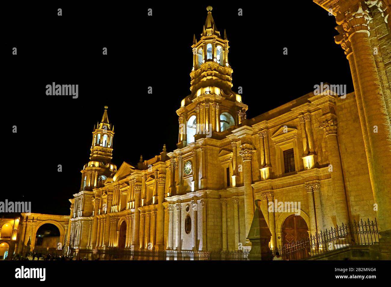 Incredible Night View of the Basilica Cathedral of Arequipa, Peru, South America Stock Photo