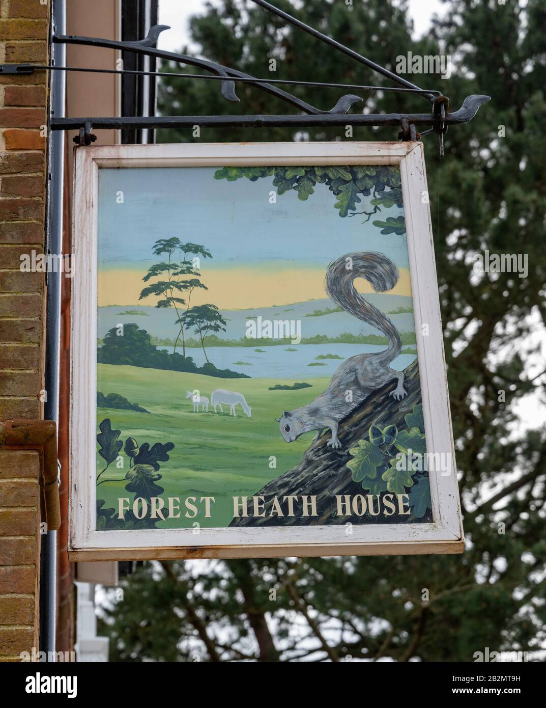Hanging sign (similar to pub sign) at Forest Heath House, a grade 2 listed building at  Station Road, Sway, Lymington, New Forest, Hampshire, England, Stock Photo