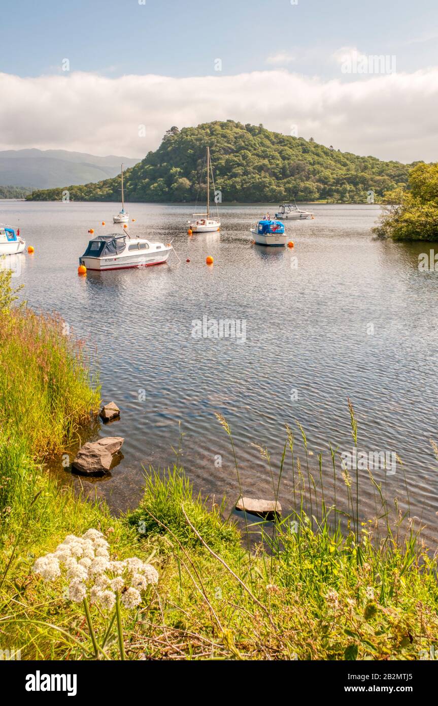 Pleasure boats moored at Aldochlay on Loch Lomond, with Inchtavannach island in the background. Stock Photo