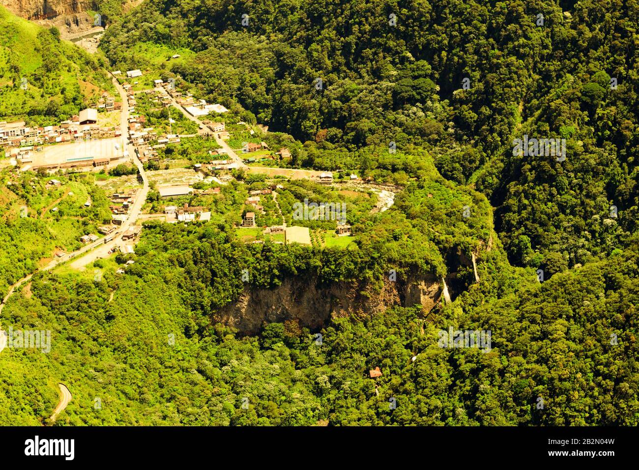 Rio Verde Village In Ecuadorian Andes Aerial Shot Stock Photo