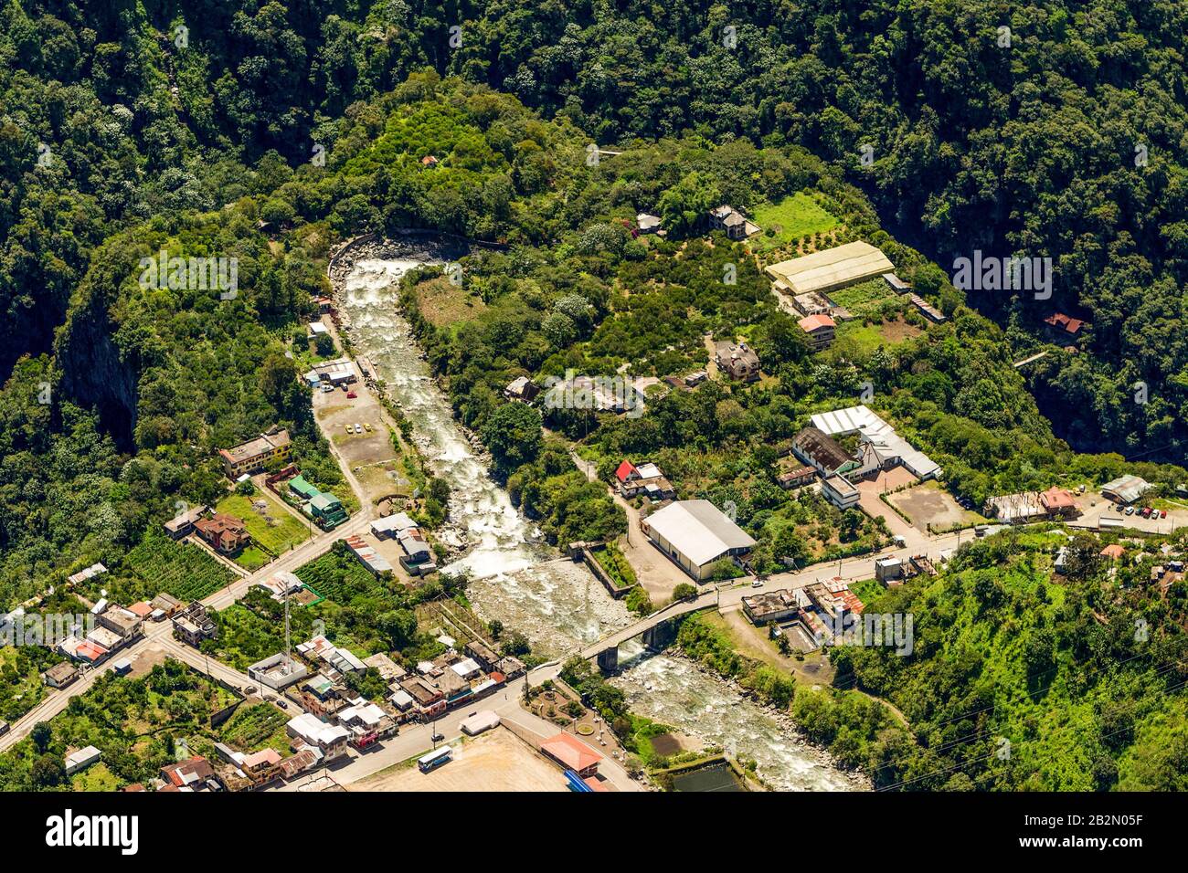 Rio Verde Village In Ecuadorian Andes Aerial Shot Stock Photo