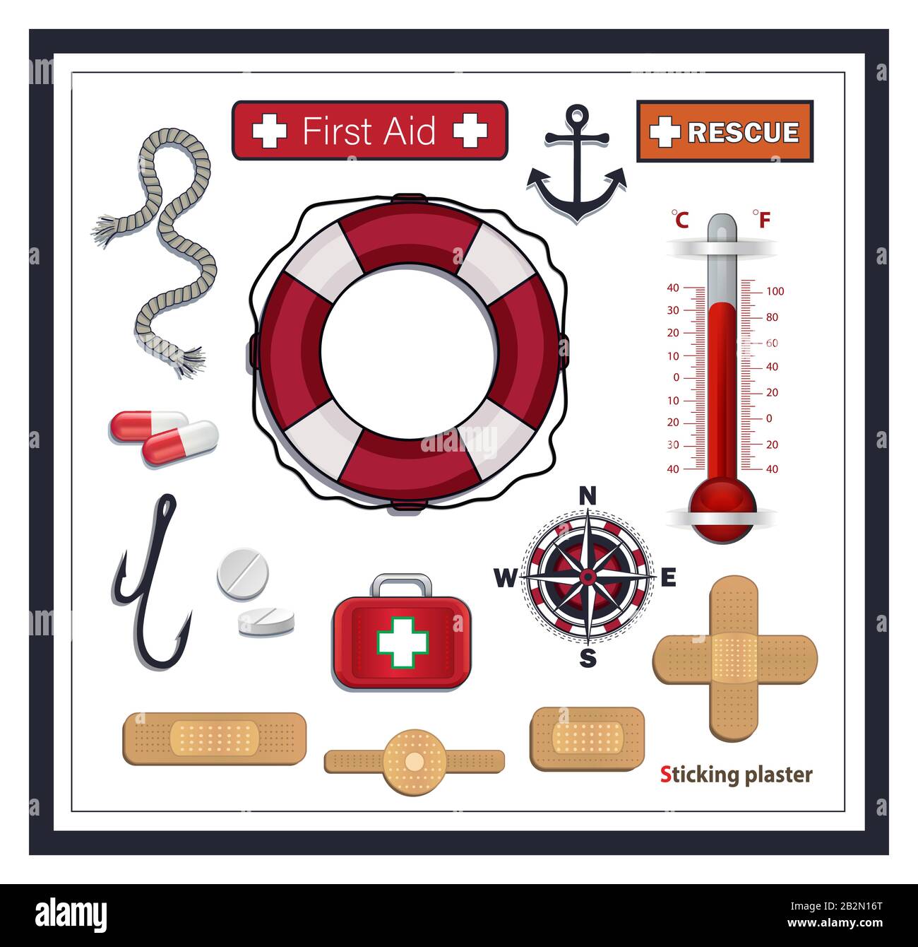 Nautical collection icons, first aid and rescue, lifebuoy, sticking plaster, compass and medicines, Isolated on white background vector Stock Vector