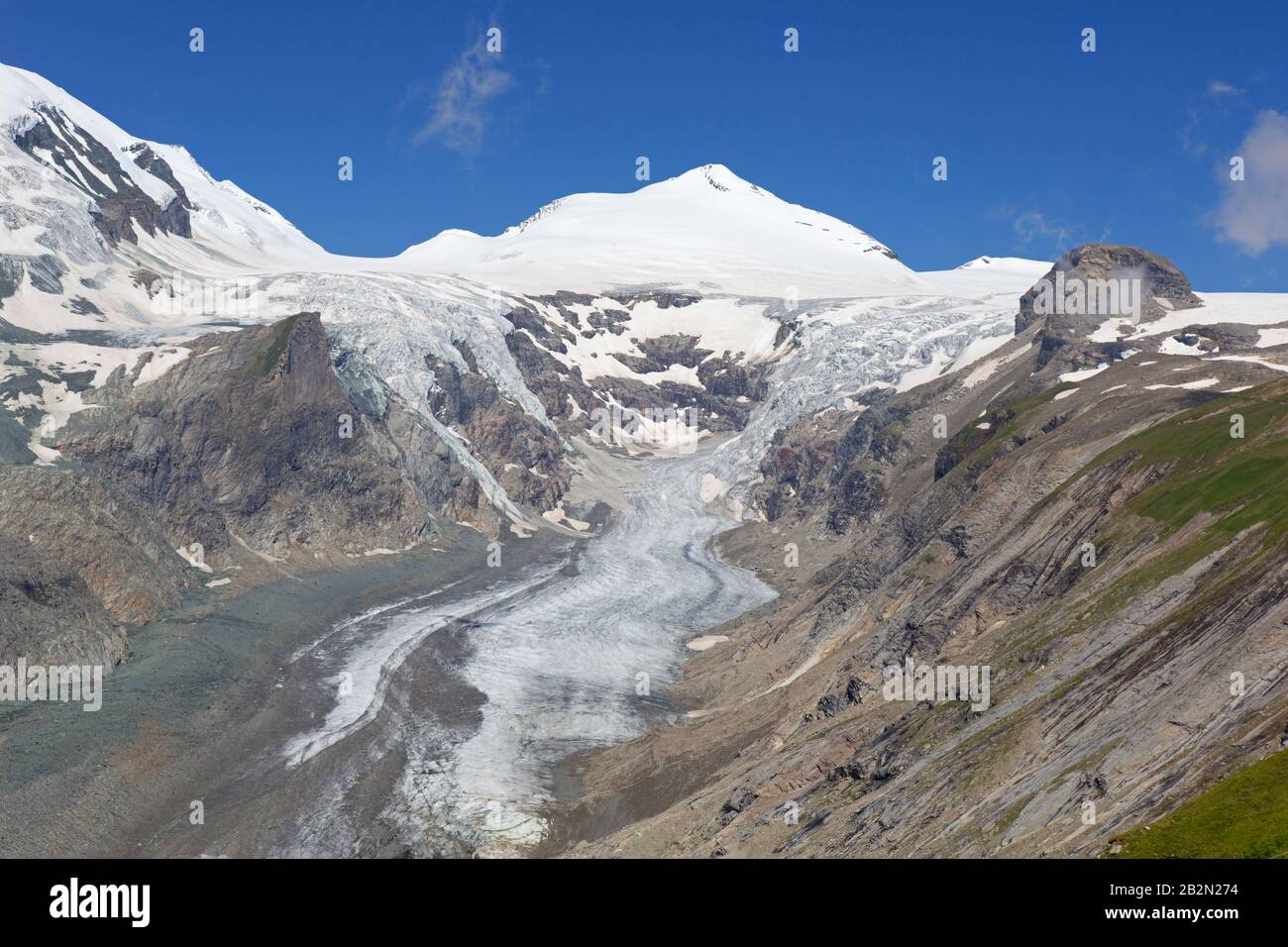 Aerial view over shrinking Pasterze, longest glacier in Austria and Eastern Alps and the Johannisberg peak in 2018, Hohe Tauern NP, Carinthia, Austria Stock Photo
