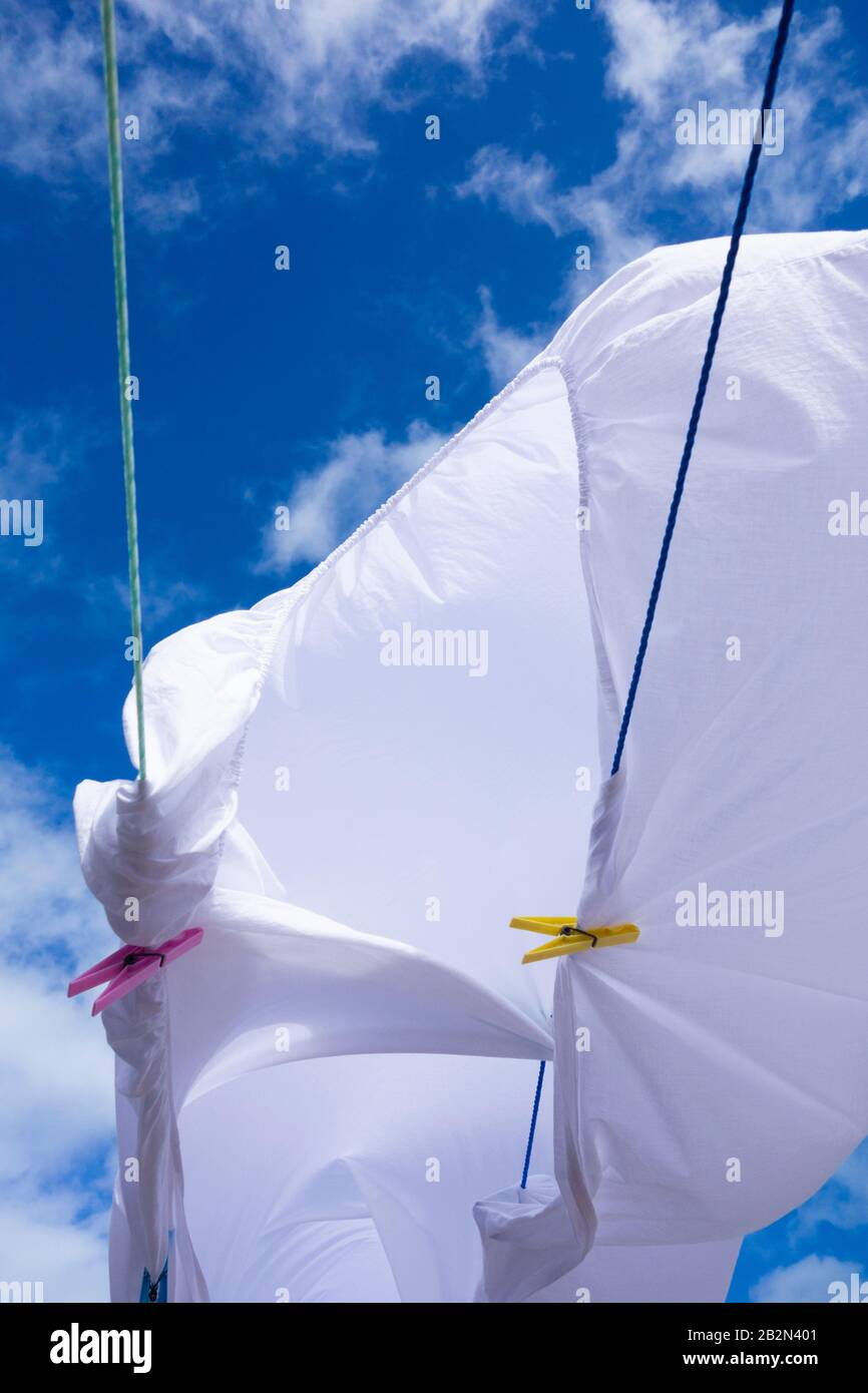 White sheet blowing in the wind on washing line. Stock Photo