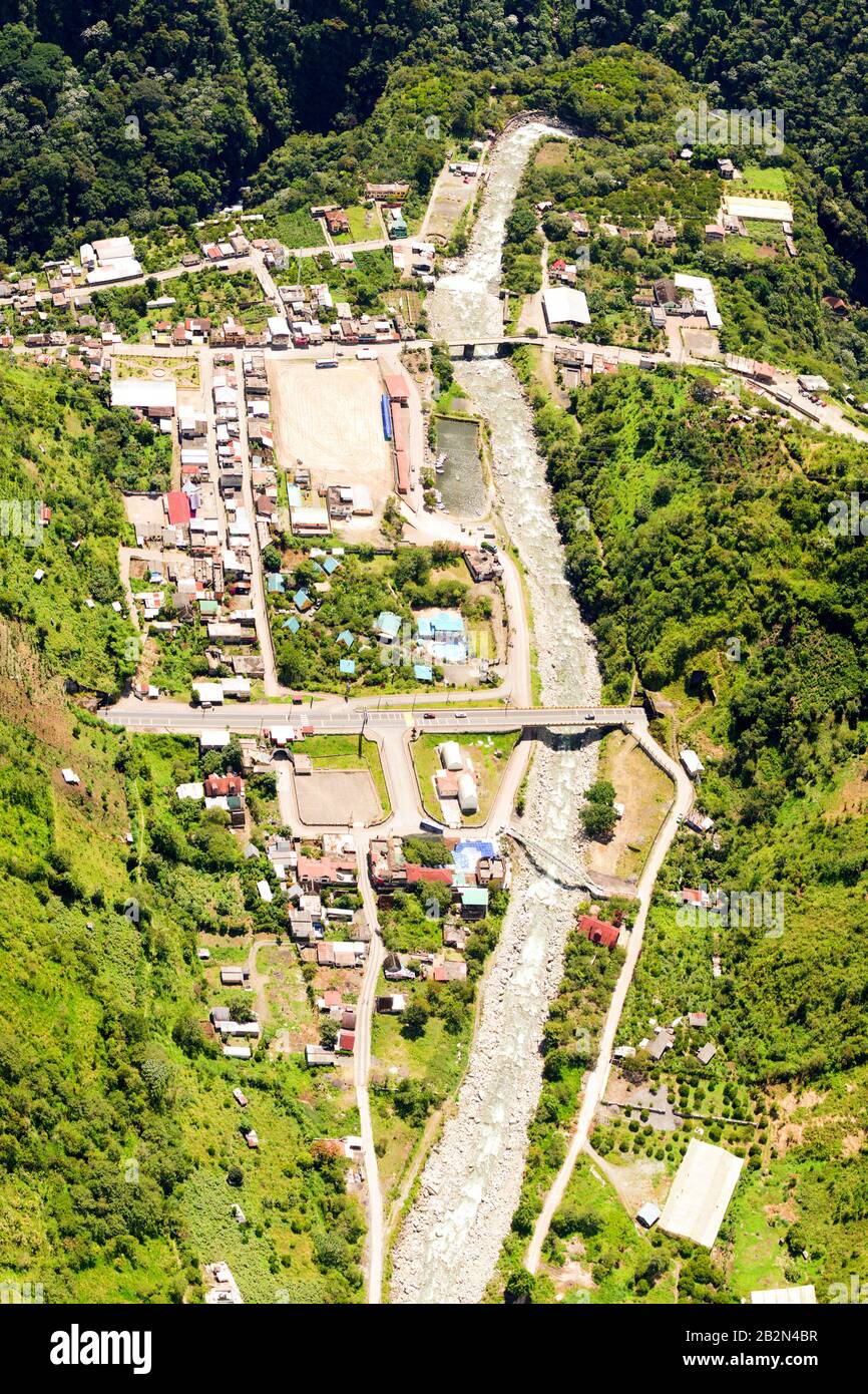 Rio Verde Village In Ecuadorian Andean Aerial Shot Stock Photo