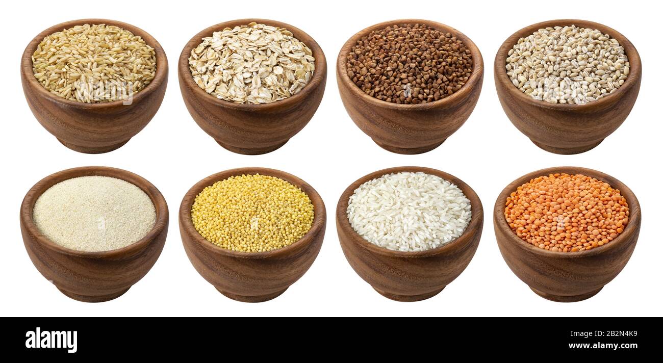 Buckwheat, millet, rice and semolina isolated on white background Stock Photo