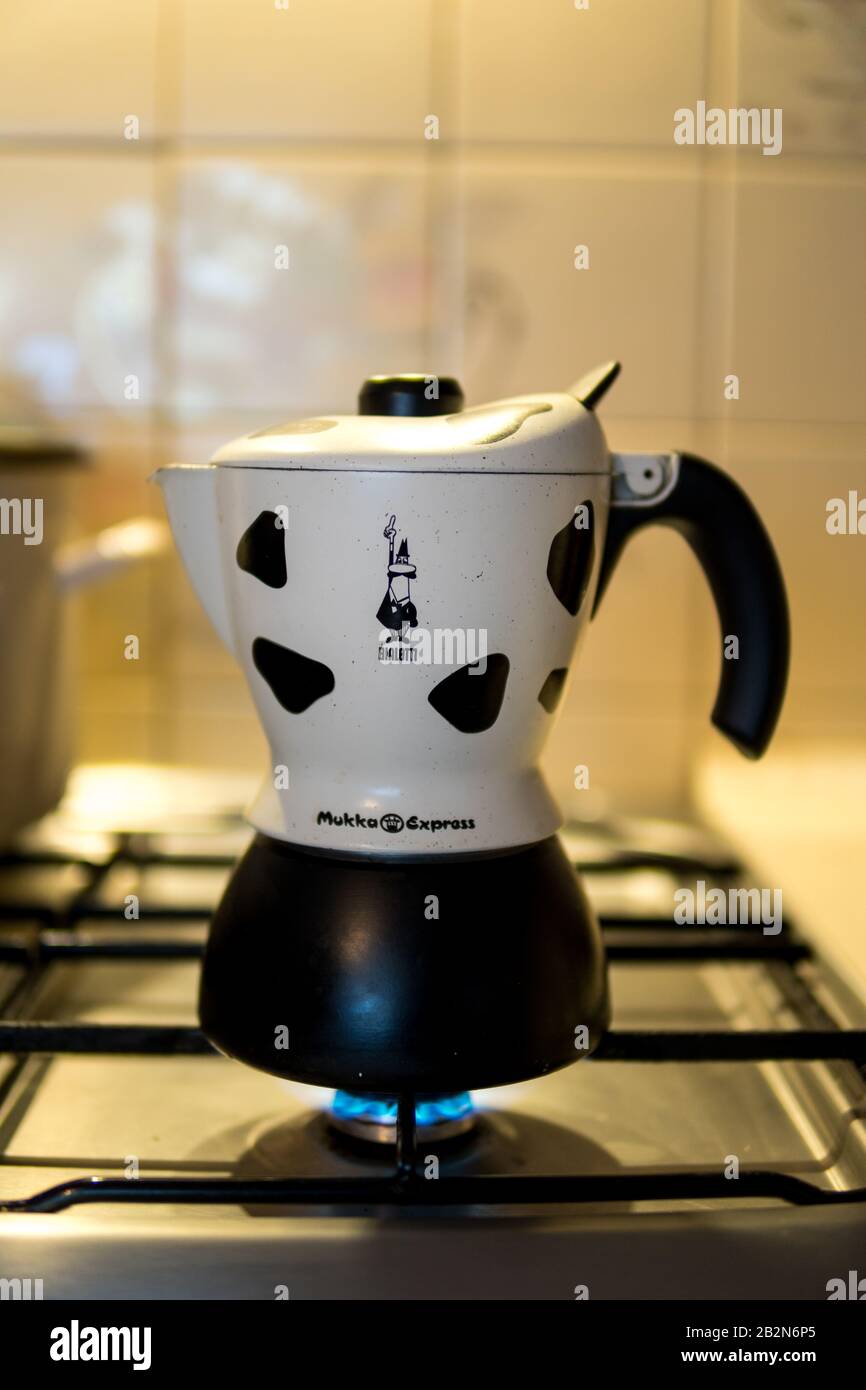12 October 2019 Poalnd preparing cappuccinoin in bialetti mukka