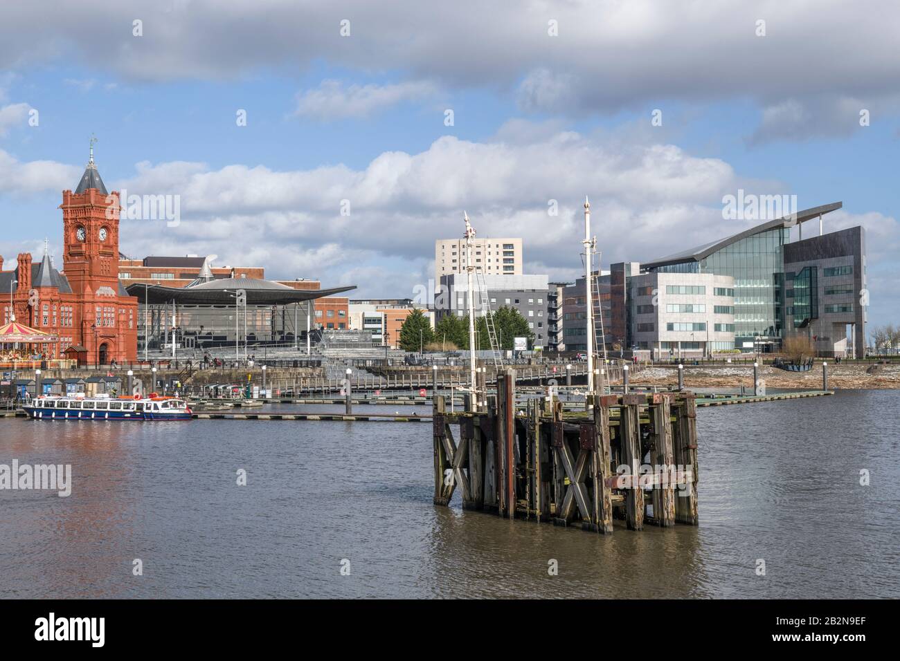 Cardiff Bay showing the old moorings or dolphins used by ships to moor to when being repaired. Stock Photo