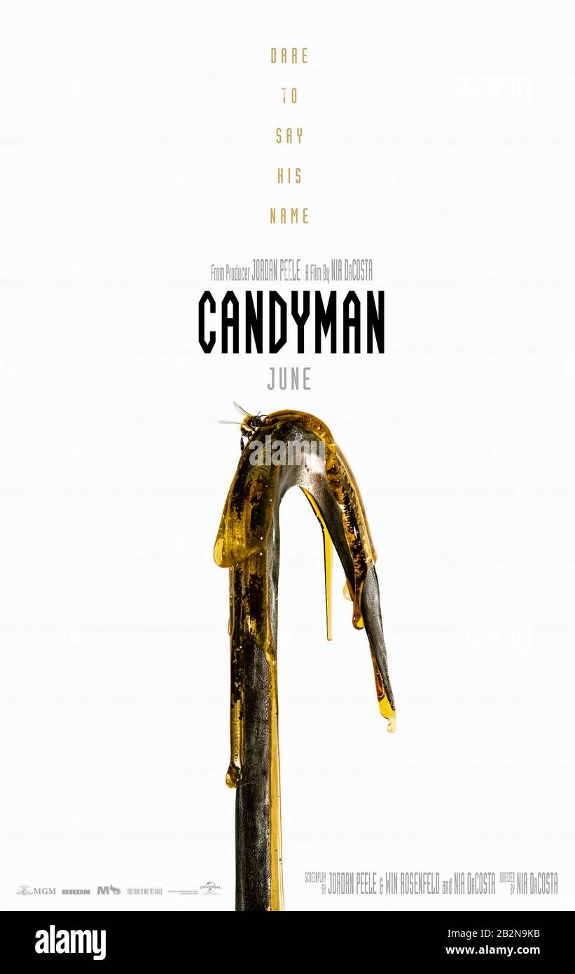 Candyman (2020) directed by Nia DaCosta and starring Yahya Abdul-Mateen II, Teyonah Parris, Nathan Stewart-Jarrett and Tony Todd. An artist moves into the  now-gentrified Chicago neighbourhood where the Candyman legend began and beings to investigate the areas grisly past. Stock Photo