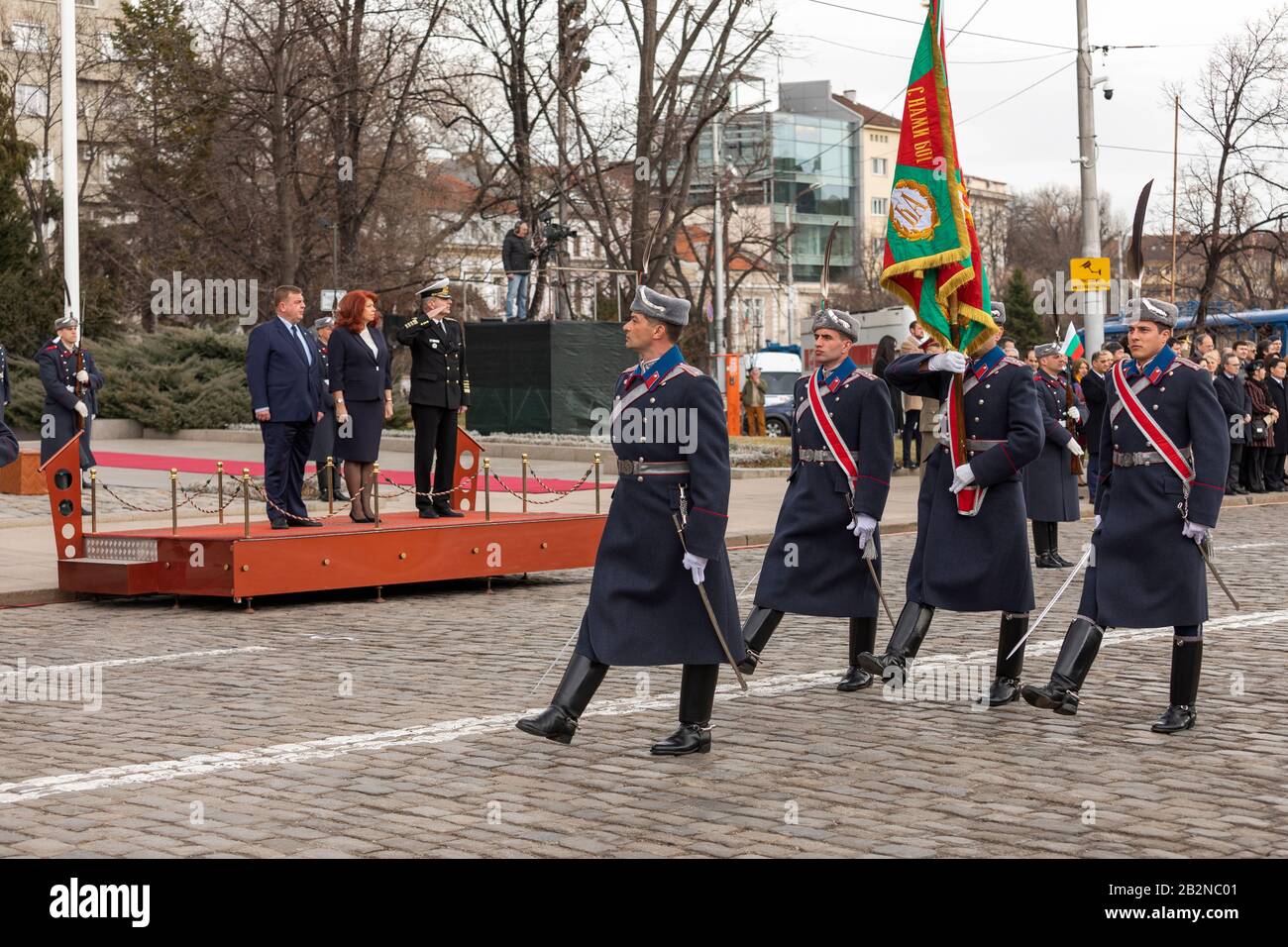 Sofia, Bulgaria - March 03, 2020: Parade marking the liberation of Bulgaria from the Ottoman yoke. Liberation Day on monument of The Unknown warrior. Stock Photo