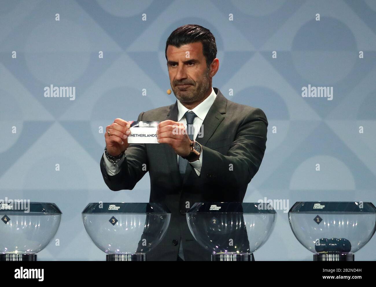 Luis Figo draws Netherlands during the UEFA Nations League 2020/21 draw at the Beurs van Berlage Conference Centre, Amsterdam. Stock Photo