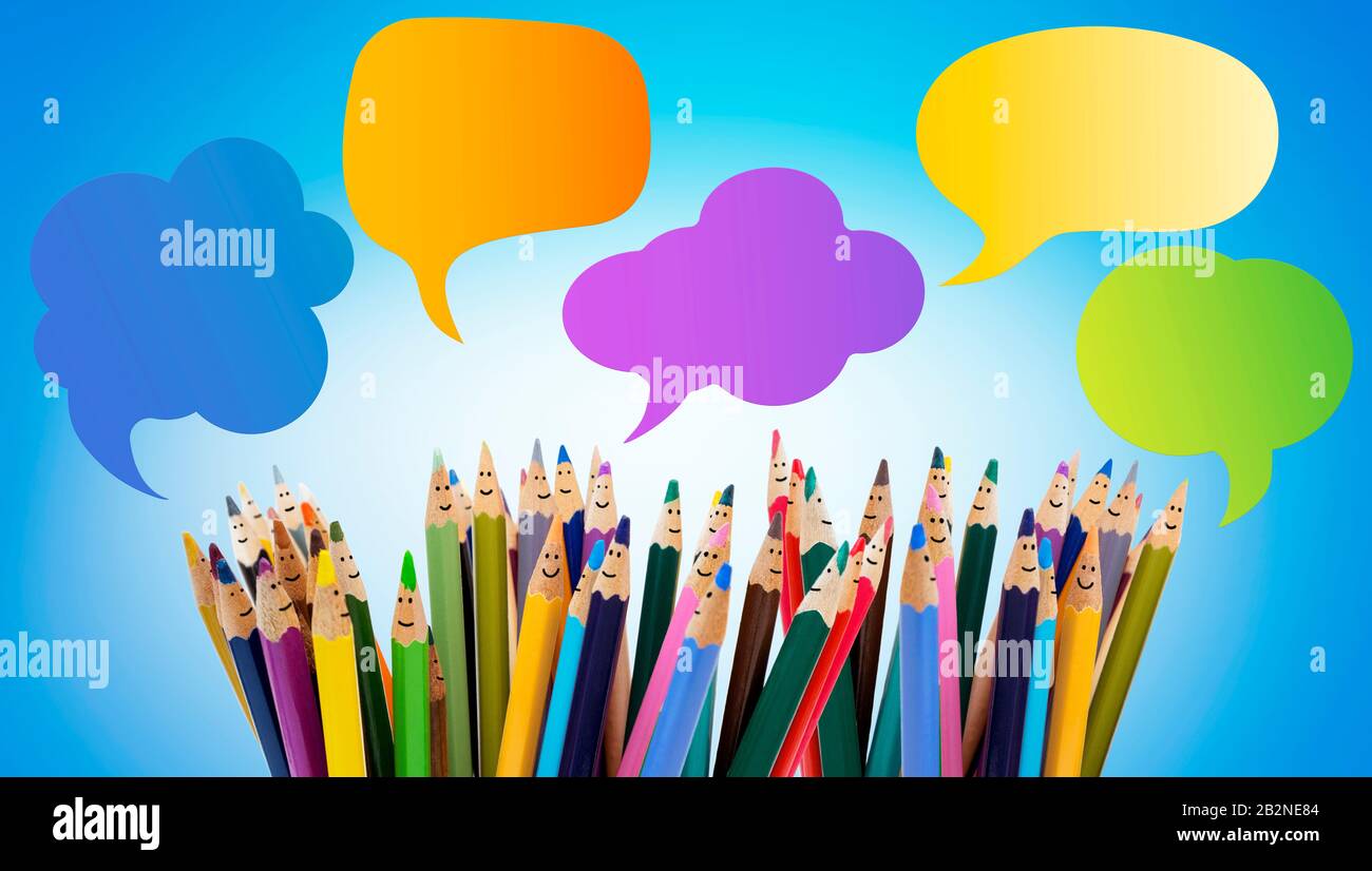 Colored pencils funny faces of people smiling.Dialogue group of people. Crowd Talking.Speech bubble. Group of people talking. Social network community Stock Photo