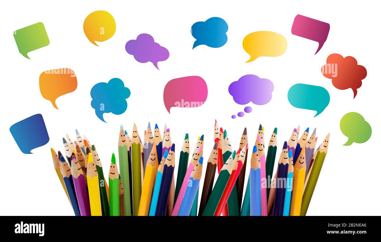 Social network communication.Colored pencils funny faces of people smiling.Dialogue group of people.Crowd Talking.Group of people talking. Diversity Stock Photo