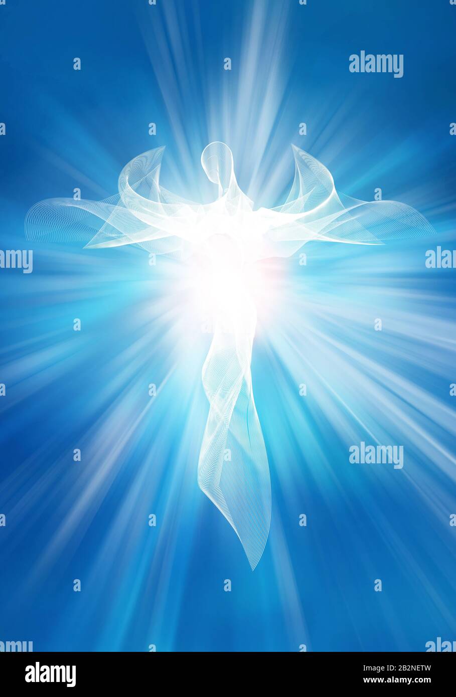 Illustration modern abstract white angel in sky with bright light rays. Heaven. Blue background Stock Photo