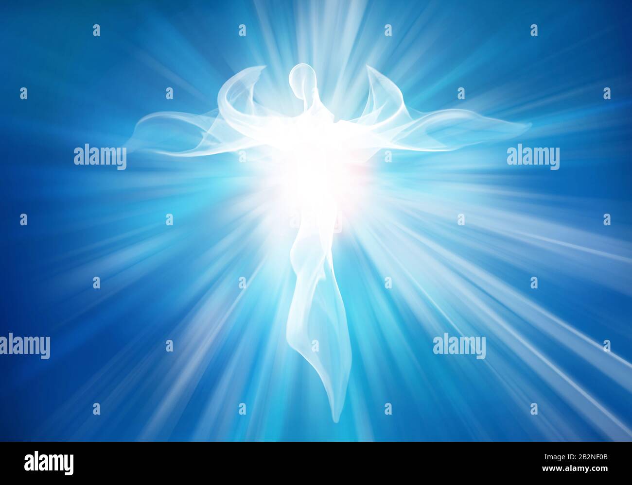 Modern abstract white winged angel in sky with bright light rays. Archangel. Blue Background Stock Photo